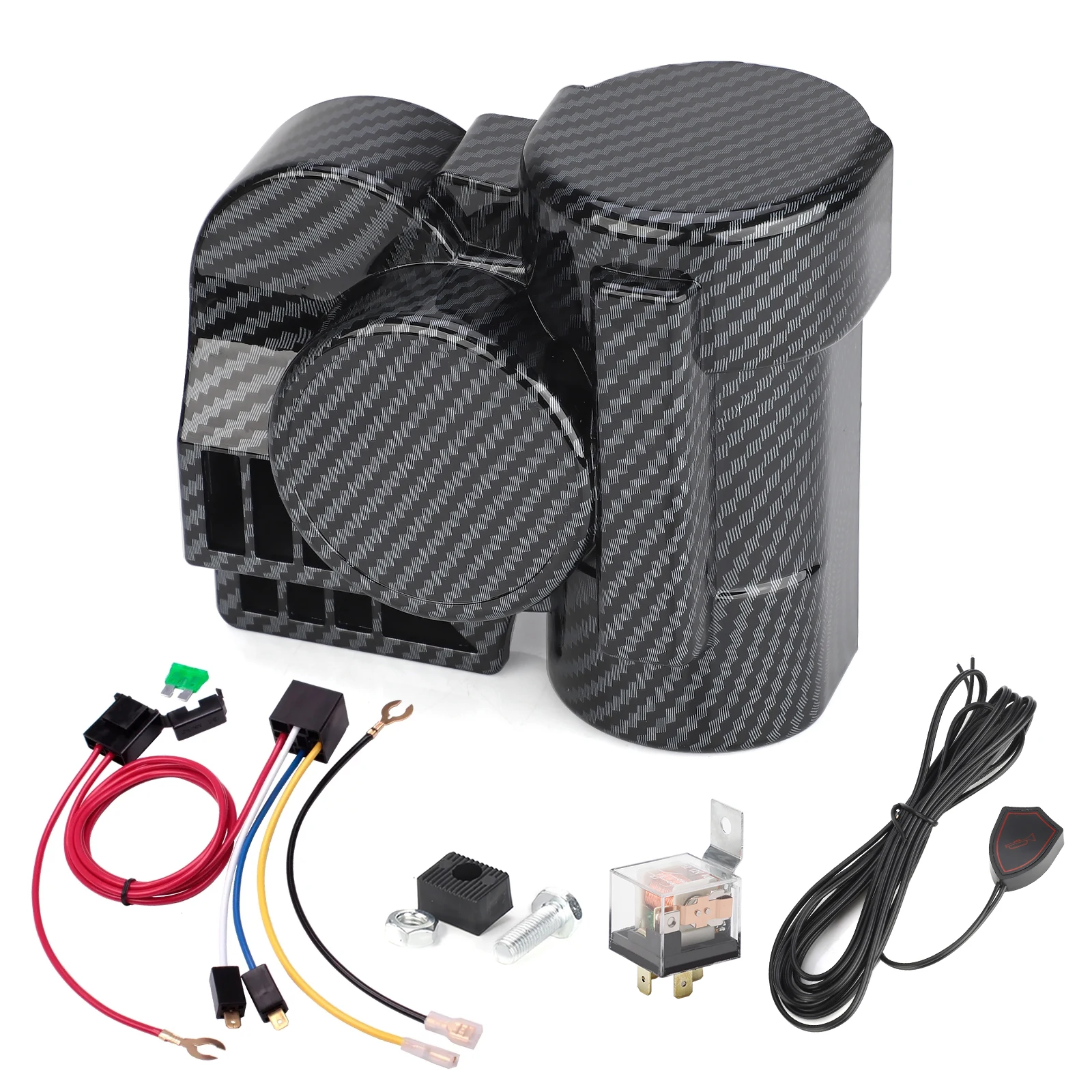 Car 12V Universal 150DB Horns Loud Powerful Dual-Tone Compact Electric Carbon fiber pattern Air Horn for Motorcycles cars boats
Car 12V Universal 150DB Horns Loud Powerful Dual-Tone Compact Electric Carbon fiber pattern Air Horn for Motorcycles cars boats