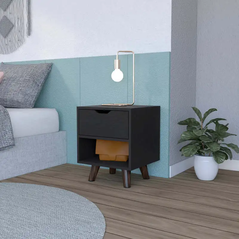Modern Nightstand 19"H with Spacious Drawer, Open Storage Shelf and Chic Wooden Legs, Black
Modern Nightstand 19"H with Spacious Drawer, Open Storage Shelf and Chic Wooden Legs, Black