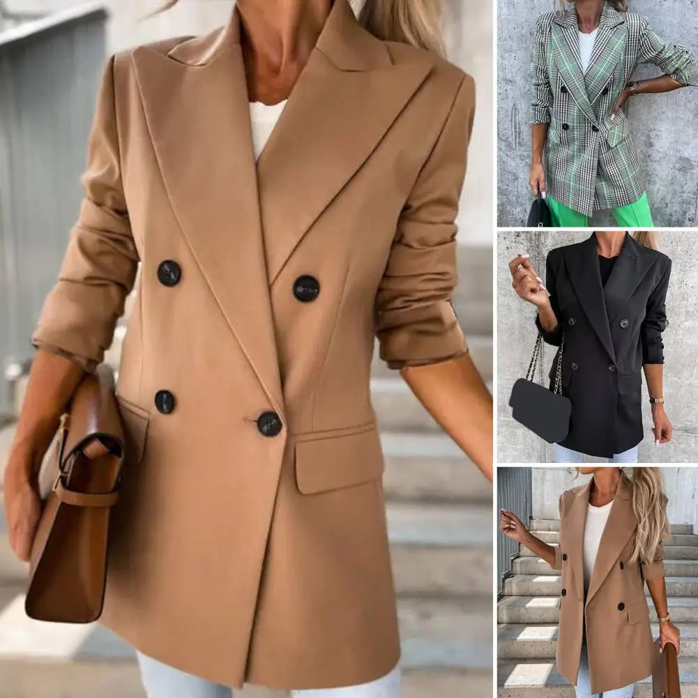 Lapel Plaid Print Solid Color Flap Pockets Winter Blazer Double Breasted Female Office Mid-Length Coat Outerwear
Lapel Plaid Print Solid Color Flap Pockets Winter Blazer Double Breasted Female Office Mid-Length Coat Outerwear