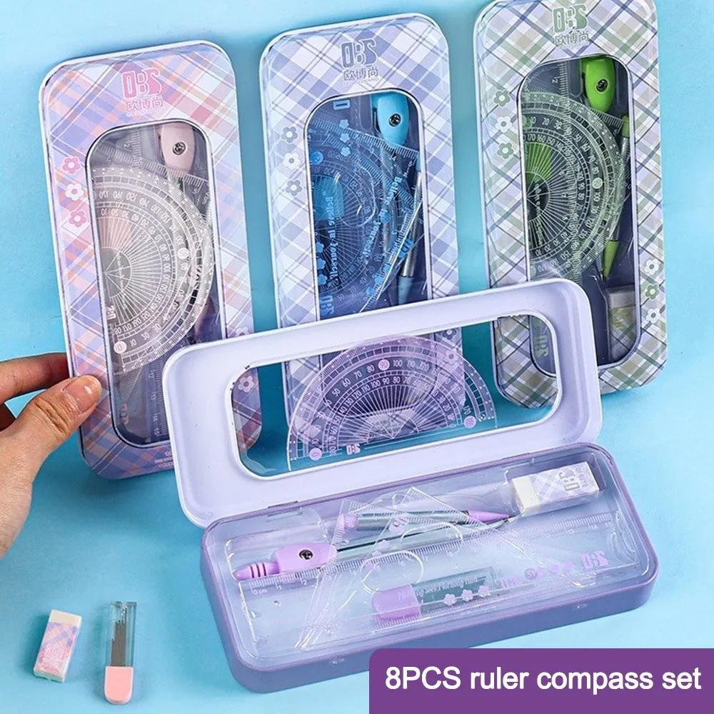 8PCS Portable Plastic Ruler Compasses Set Transparent Eraser Protractor Straight Ruler Square Triangle Ruler Students