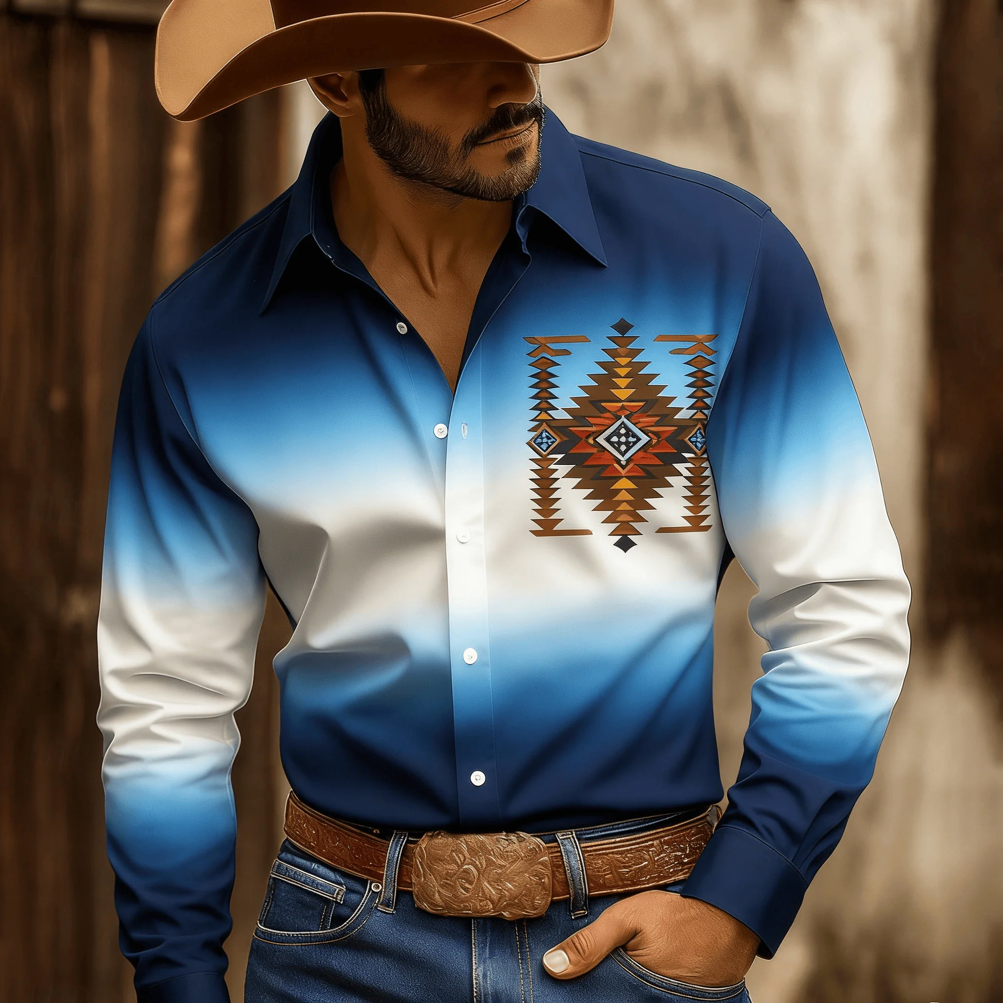 Men's Blue White Ombre Geometric Totem Men's Lapel Shirt, Spring Summer Western Cowboy Top
Men's Blue White Ombre Geometric Totem Men's Lapel Shirt, Spring Summer Western Cowboy Top