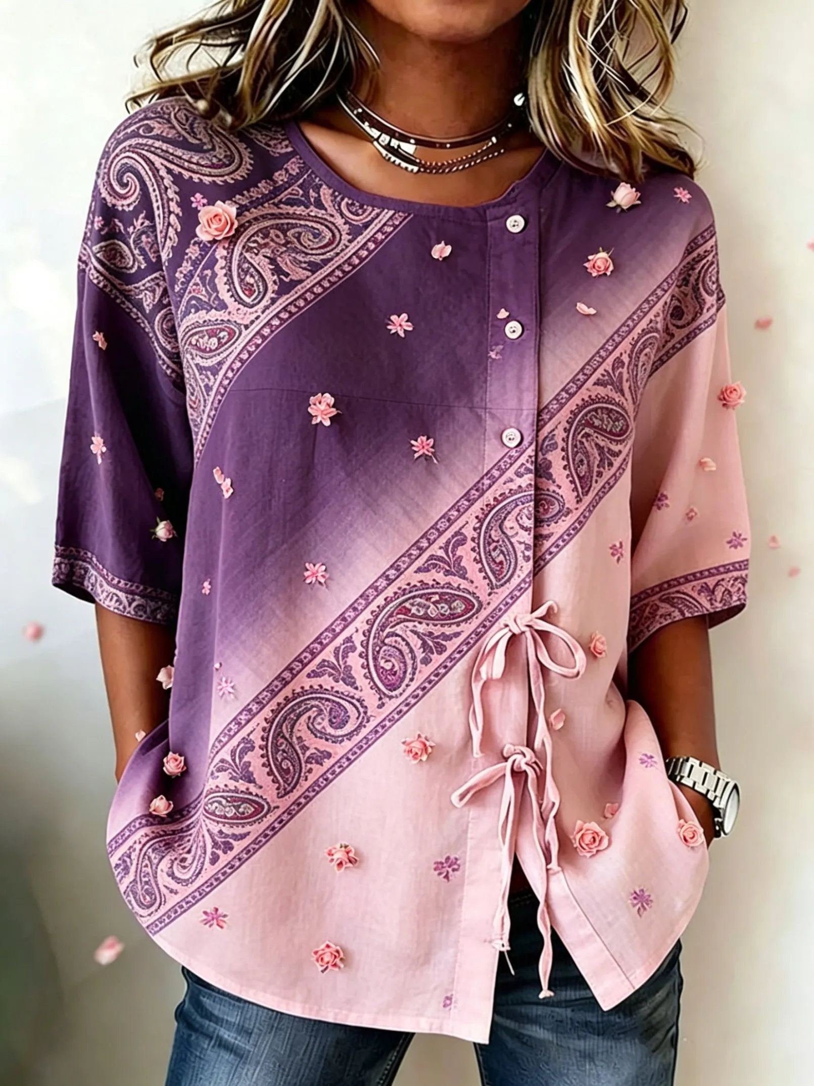 Women's Purple-Pink Ombre Paisley Floral Drawstring Button Up Blouse, Casual Round Neck Tops for Spring Summer Daily Wear
Women's Purple-Pink Ombre Paisley Floral Drawstring Button Up Blouse, Casual Round Neck Tops for Spring Summer Daily Wear