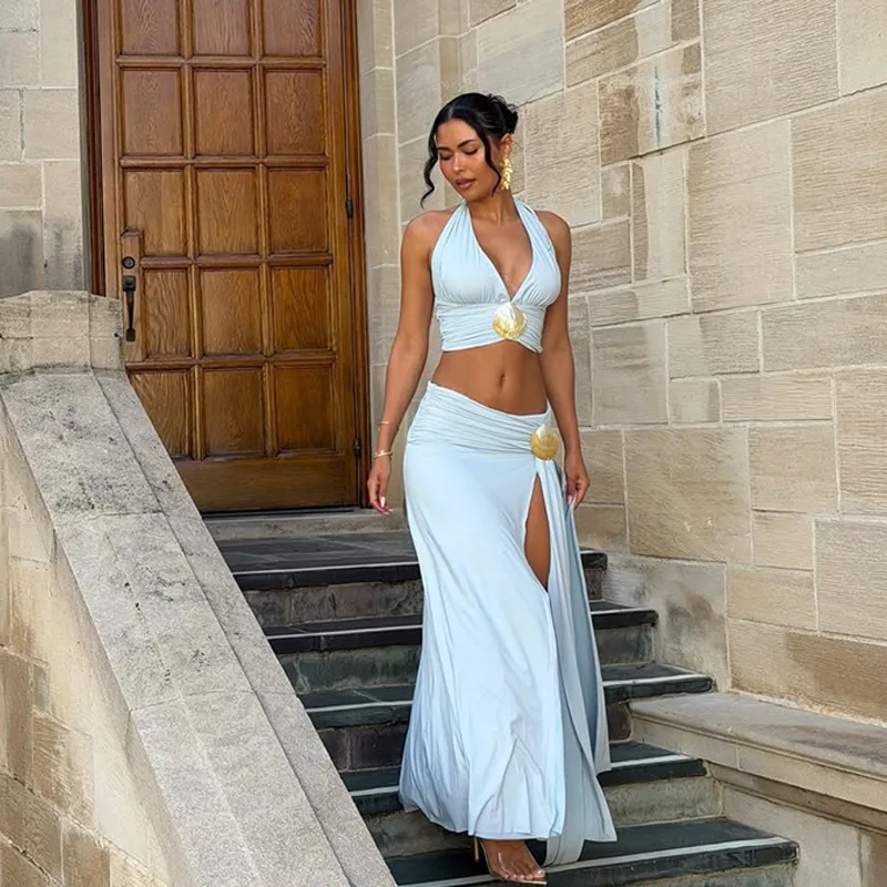 Sexy Trendy Girl Style Abalone Decoration Hanging Neck V-neck Top plus Split Half Skirt Set Women's Fashion Summer Outfit
Sexy Trendy Girl Style Abalone Decoration Hanging Neck V-neck Top plus Split Half Skirt Set Women's Fashion Summer Outfit