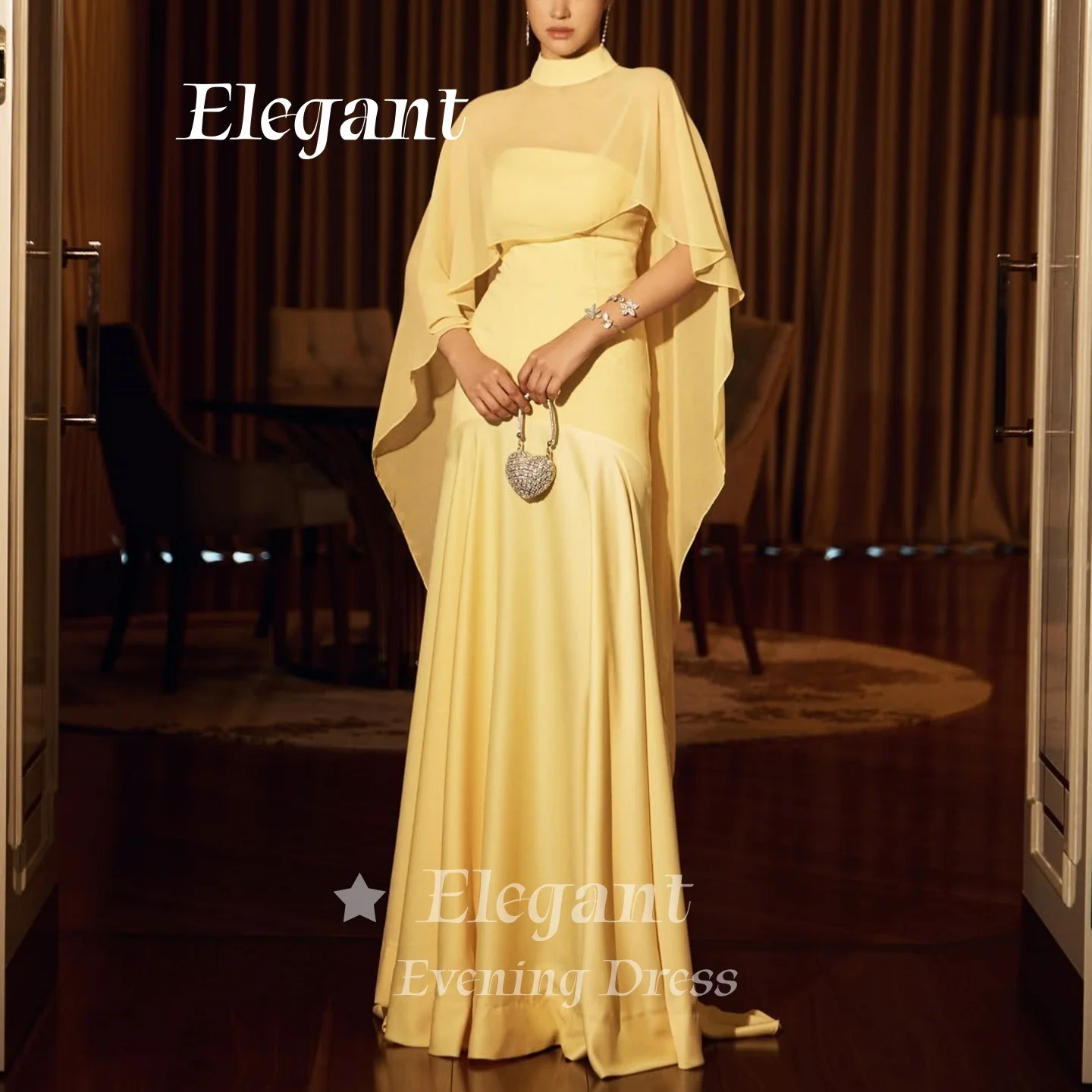 Elegant Vintage Yellow Modest Evening Gown Saudi Women High Neck Chiffon Capelet Satin Prom Dress Wedding Party Gala Customize
Elegant Vintage Yellow Modest Evening Gown Saudi Women High Neck Chiffon Capelet Satin Prom Dress Wedding Party Gala Customize