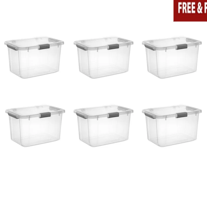 30 Quart Clear Storage Box 6 Pack with Hinged Lid Latch Comfort Grip Handles Ideal Organizing Home Office Clothes Toys Craft
30 Quart Clear Storage Box 6 Pack with Hinged Lid Latch Comfort Grip Handles Ideal Organizing Home Office Clothes Toys Craft