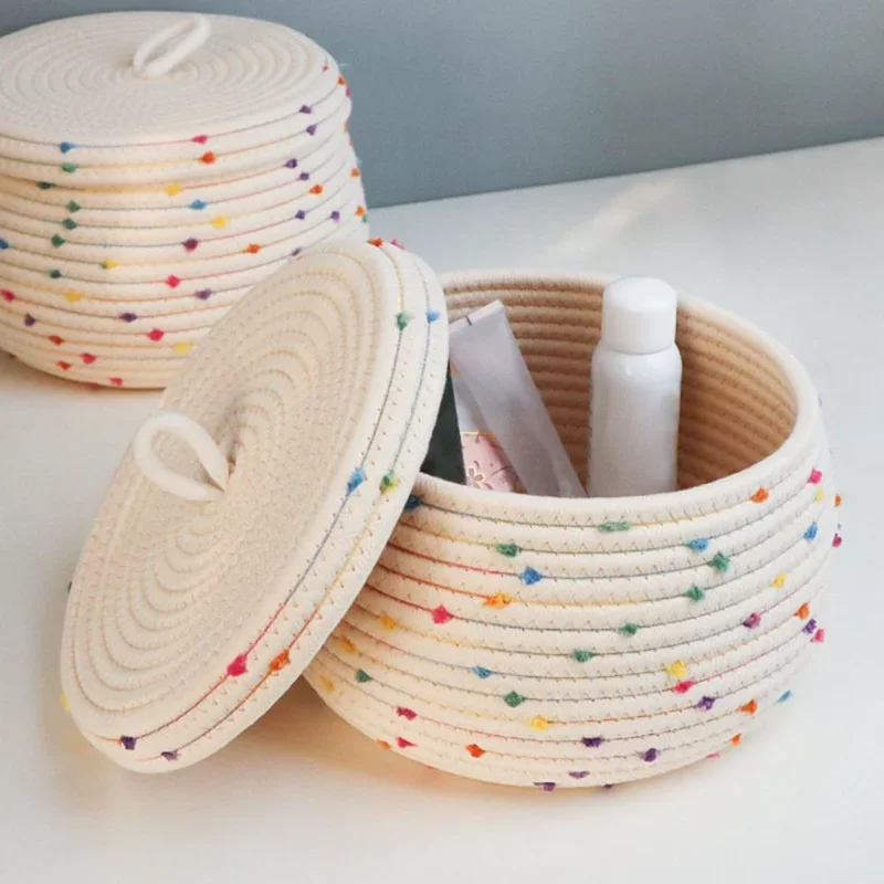 Large Capacity Cotton Rope Weave Storage Box Sundries Desktop Colorful Storage Basket with Lid for Closet Portable Cosmetics
Large Capacity Cotton Rope Weave Storage Box Sundries Desktop Colorful Storage Basket with Lid for Closet Portable Cosmetics