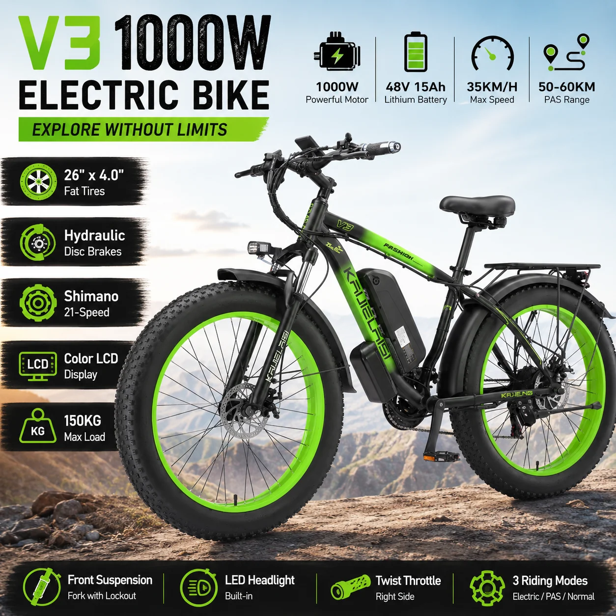 Adult Electric Bike 1000W Motor 48V 15Ah Battery 26x4.0 Fat Tire Shimano 21-Speed Hydraulic Brake LCD Display
Adult Electric Bike 1000W Motor 48V 15Ah Battery 26x4.0 Fat Tire Shimano 21-Speed Hydraulic Brake LCD Display