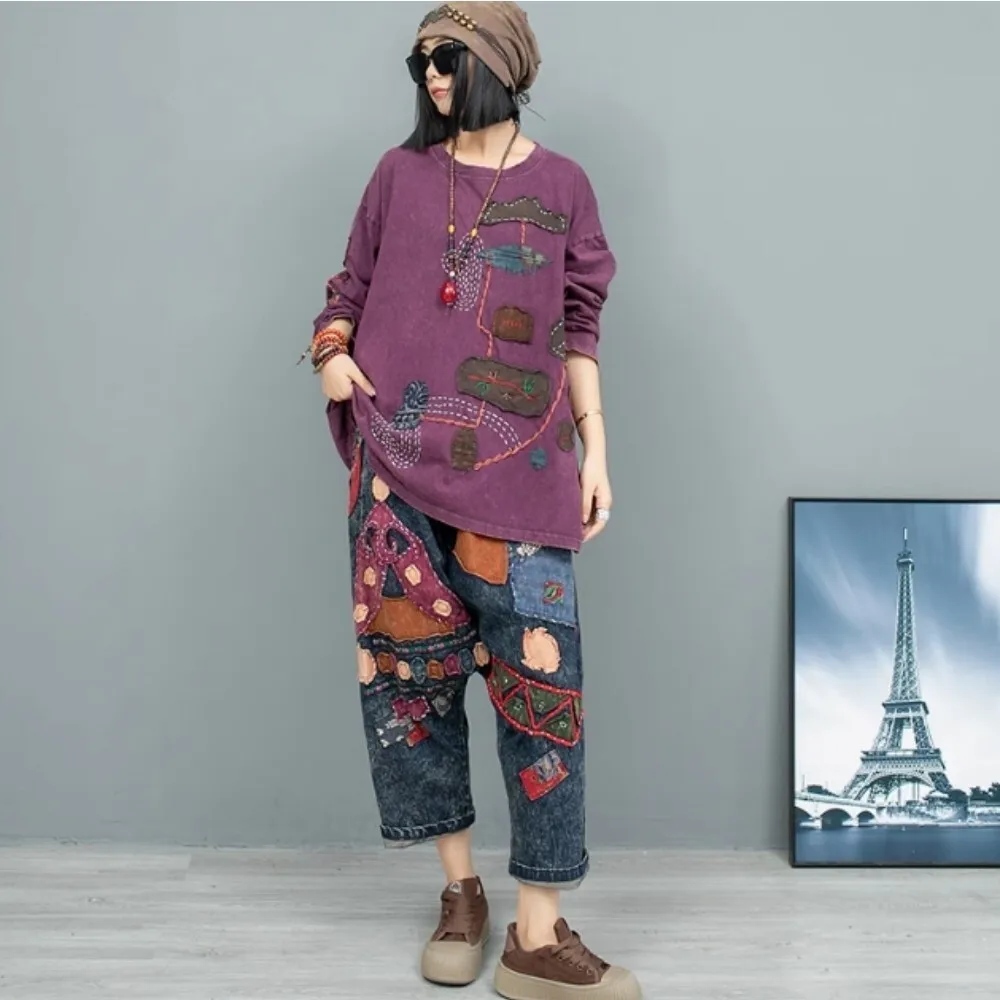Hand Embroidered Cloth Long Sleeve T-shirt + Denim Harem Pant Two Piece Set Women 2024 Autumn Loose Pant Set Outfit LX2255
Hand Embroidered Cloth Long Sleeve T-shirt + Denim Harem Pant Two Piece Set Women 2024 Autumn Loose Pant Set Outfit LX2255