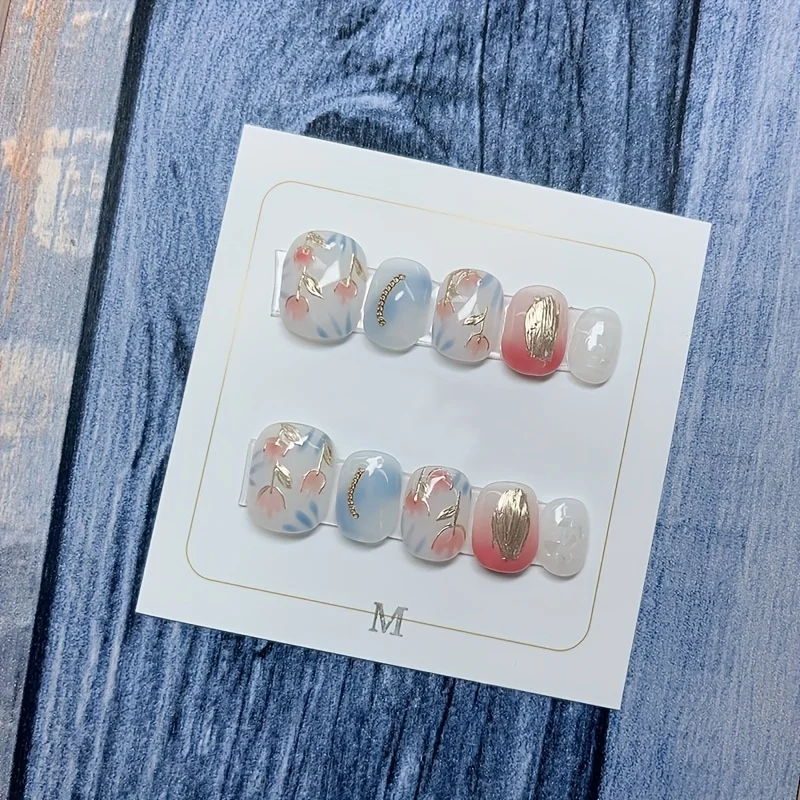 10Pcs Handmade Press on Nails Blue and White Porcelain Small Flowers Gold Chain False Nail Short Oval Nail for Women&Girls
10Pcs Handmade Press on Nails Blue and White Porcelain Small Flowers Gold Chain False Nail Short Oval Nail for Women&Girls
