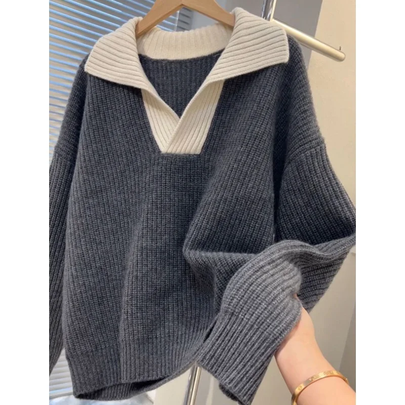 Loose Fit Grey Knit Sweater Women's Turn-down Collar Color Block Design Comfortable Casual Style Autumn Winter New Arrival
Loose Fit Grey Knit Sweater Women's Turn-down Collar Color Block Design Comfortable Casual Style Autumn Winter New Arrival