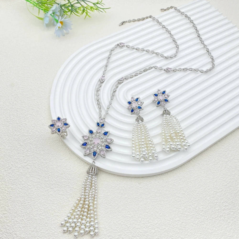 Flora Elegant Style Artificial Zircon Gold Plated Copper 3PC Set Pearl Long Chain Earrings Ring Banquet Shiny Women's Accessorie
Flora Elegant Style Artificial Zircon Gold Plated Copper 3PC Set Pearl Long Chain Earrings Ring Banquet Shiny Women's Accessorie