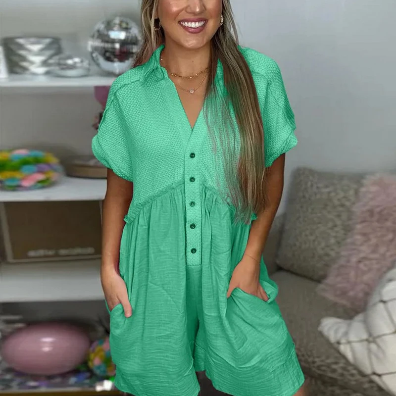 Women V-neck Button Short Jumpsuit 2024 Spring Patchwork Pocket Playsuit Romper Summer Short Sleeve Loose T-shirt Overalls Mujer
Women V-neck Button Short Jumpsuit 2024 Spring Patchwork Pocket Playsuit Romper Summer Short Sleeve Loose T-shirt Overalls Mujer