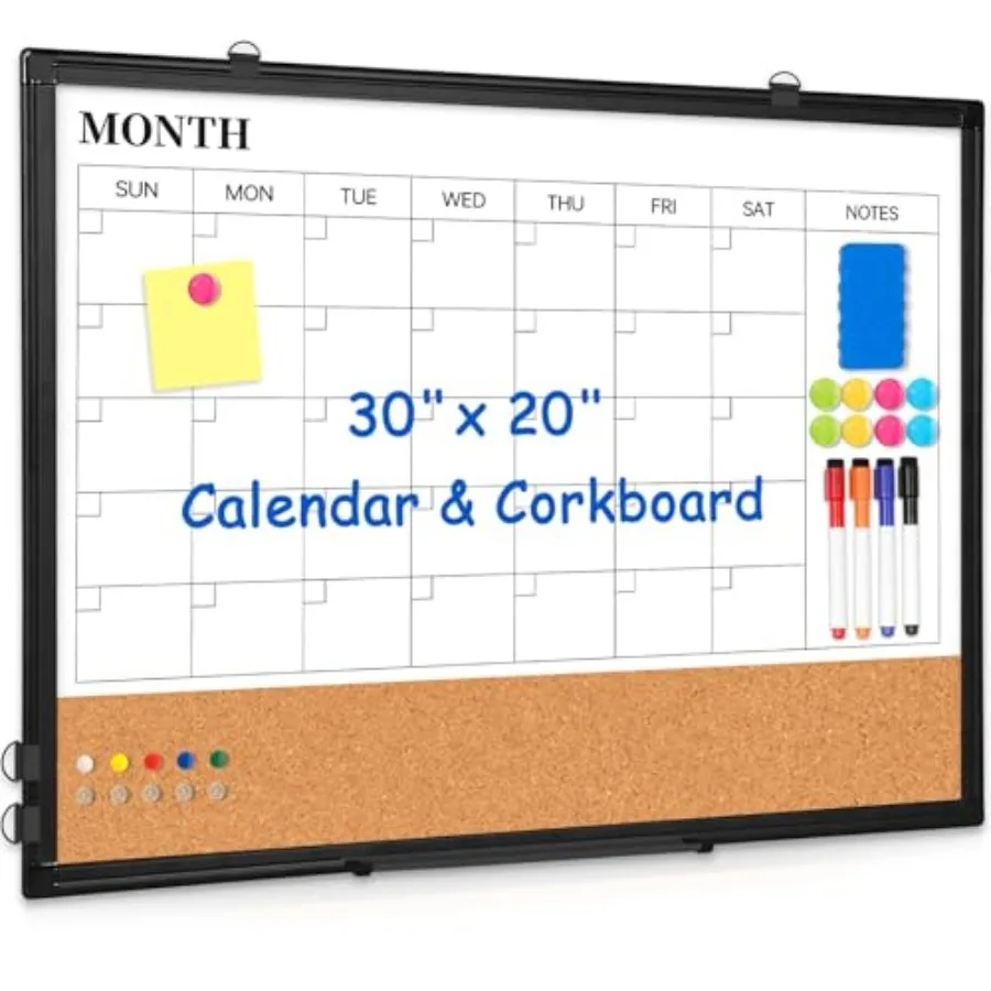 Monthly Calendar Whiteboard Dry Erase Cork Board Combo for Wall 30" x 20" Double-Sided Calendar White Board and Bulletin Board
Monthly Calendar Whiteboard Dry Erase Cork Board Combo for Wall 30" x 20" Double-Sided Calendar White Board and Bulletin Board