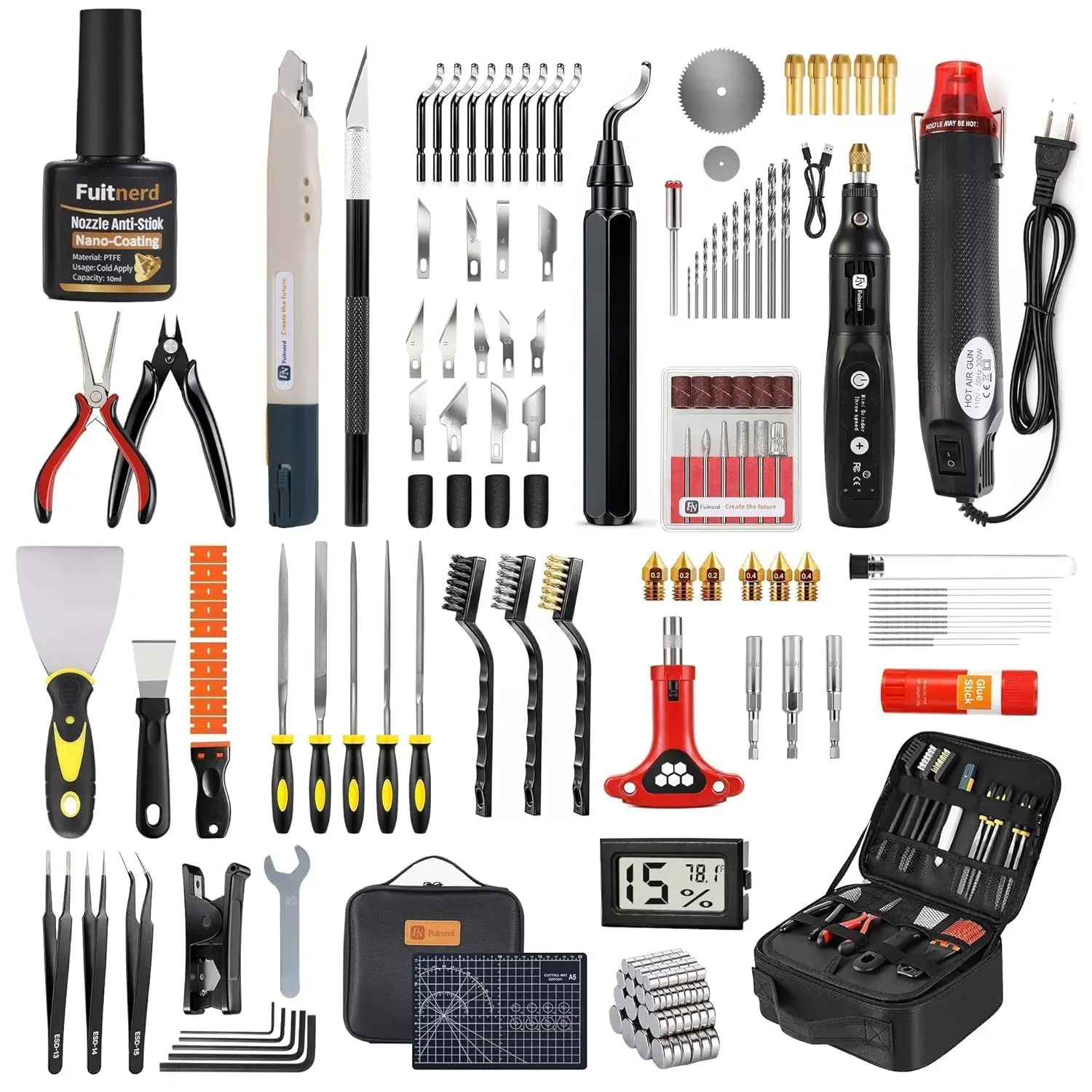 142Pcs 3D Printer Tool Kit with 4-Layer Case, Rotary Tool, Heat Gun, Deburring Tool
142Pcs 3D Printer Tool Kit with 4-Layer Case, Rotary Tool, Heat Gun, Deburring Tool