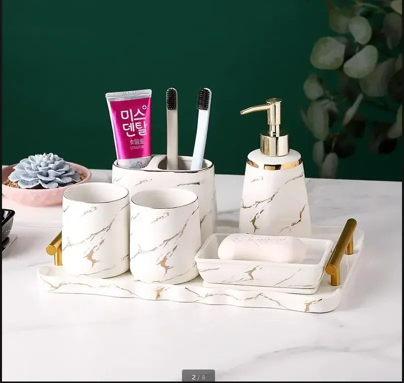 Imitation Marble Bathroom Suite Luxury Ceramic Mouthwash Cup Set Cotton Swab Box Home Bathroom Accessories Set Soap Dispenser
Imitation Marble Bathroom Suite Luxury Ceramic Mouthwash Cup Set Cotton Swab Box Home Bathroom Accessories Set Soap Dispenser