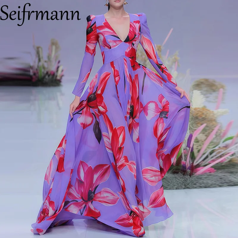 Seifrmann Women Elegant Party Dress Long Sleeved V-Neck Floral-Print Fashion Ball Gown Big Swing Dresses Spring Summer 2025 New 
Seifrmann Women Elegant Party Dress Long Sleeved V-Neck Floral-Print Fashion Ball Gown Big Swing Dresses Spring Summer 2025 New