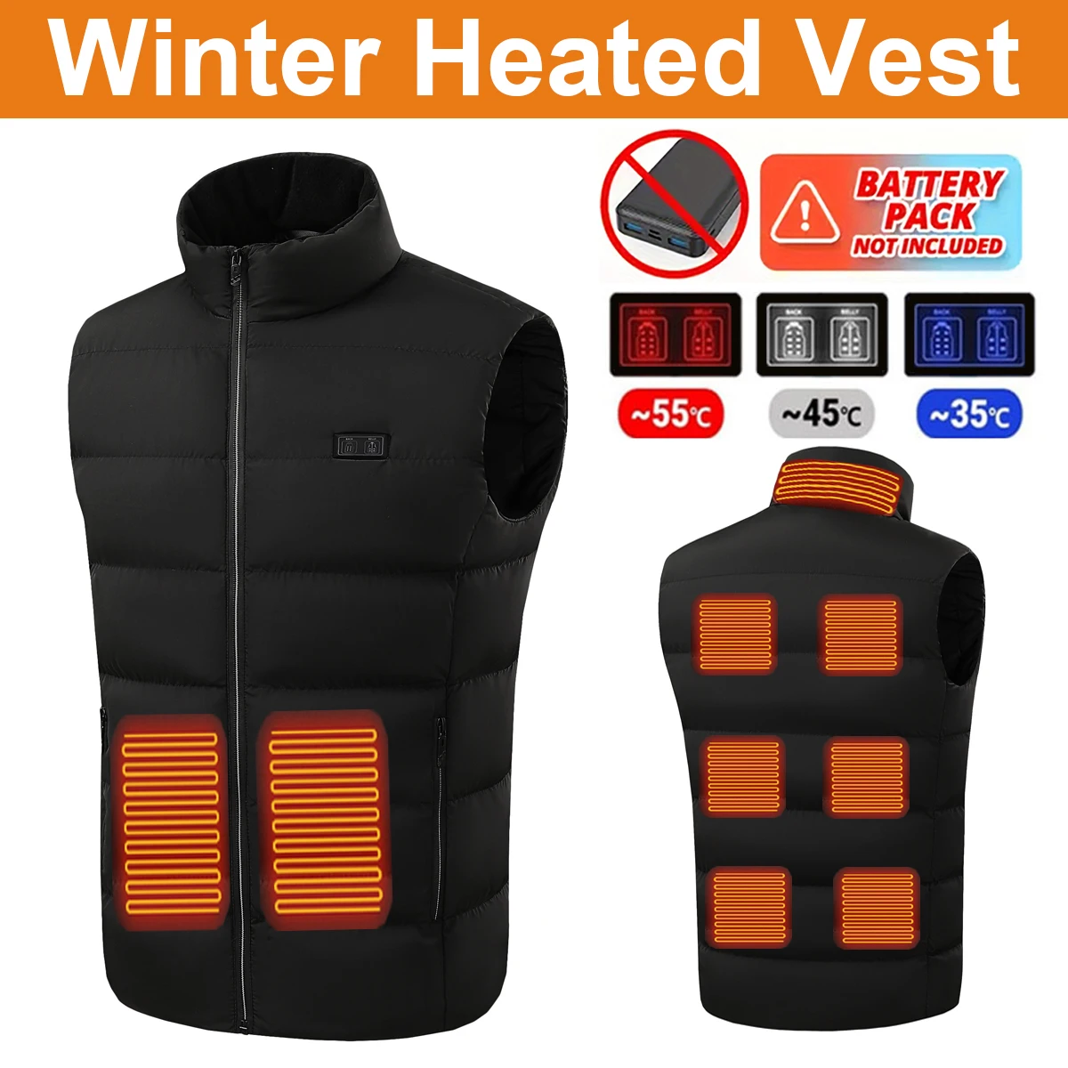 Men's Heated Vest, Winter Warmth Outdoor USB Heated Vest with 9 Carbon Fiber Heating Pads, 3 Temperature Level
Men's Heated Vest, Winter Warmth Outdoor USB Heated Vest with 9 Carbon Fiber Heating Pads, 3 Temperature Level