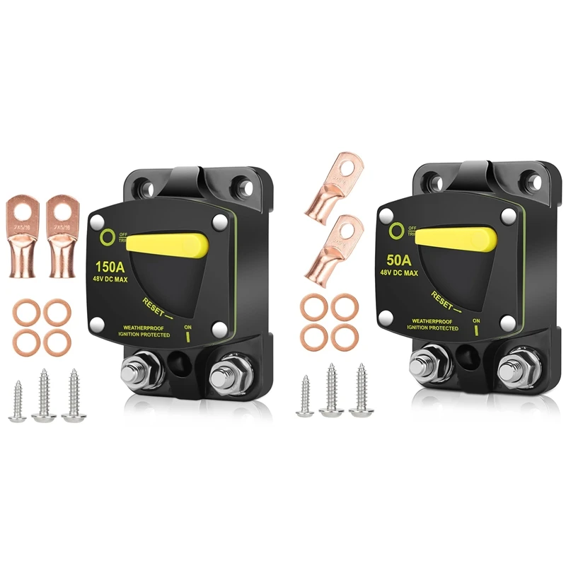 50Amp Circuit Breaker W/Manual Reset Switch DC 12-48V High Amperage,W/Wire Lugs Copper Washer For Car Audio RV Marine Durable
50Amp Circuit Breaker W/Manual Reset Switch DC 12-48V High Amperage,W/Wire Lugs Copper Washer For Car Audio RV Marine Durable