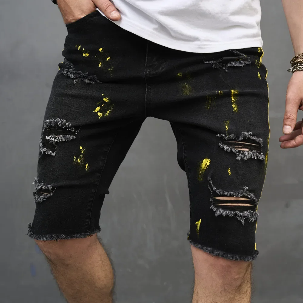 Pop Summer Men's Casual Trendy Splashed Yellow Ink Hole Patched Black Jeans Shorts Casual Trendy Vintage Knee Length Denim Short
Pop Summer Men's Casual Trendy Splashed Yellow Ink Hole Patched Black Jeans Shorts Casual Trendy Vintage Knee Length Denim Short