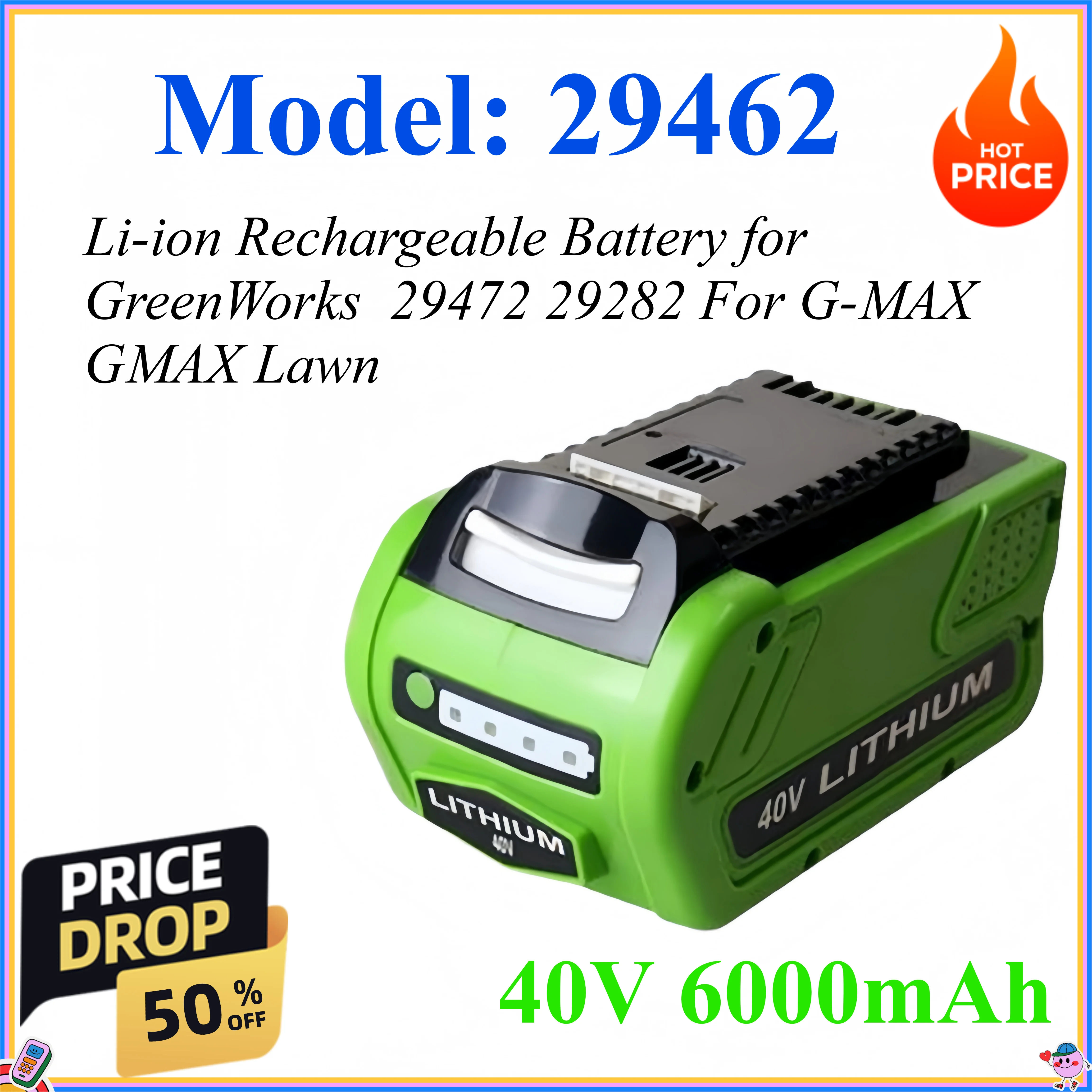 40V 6000mAh Li-ion Rechargeable Battery for GreenWorks 29462 29472 29282 For G-MAX GMAX Lawn Mower Power Tools Battery
40V 6000mAh Li-ion Rechargeable Battery for GreenWorks 29462 29472 29282 For G-MAX GMAX Lawn Mower Power Tools Battery