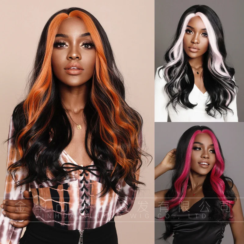 African black synthetic wigs with , curly hair, middle parting, and highlights
African black synthetic wigs with , curly hair, middle parting, and highlights