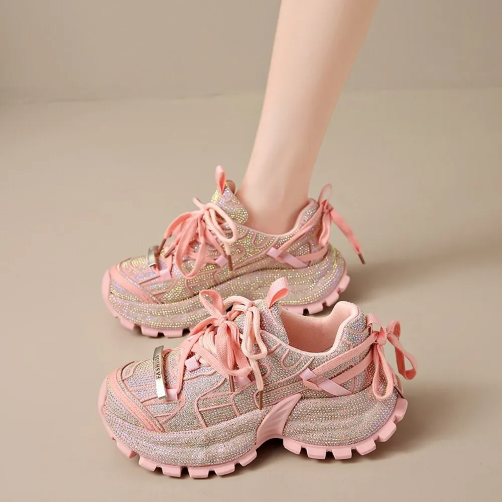 Women's Rhinestone Platform Chunky Sneakers, Lace-Up Sparkly Casual Shoes, Thick Sole Footwear for Street Style
Women's Rhinestone Platform Chunky Sneakers, Lace-Up Sparkly Casual Shoes, Thick Sole Footwear for Street Style