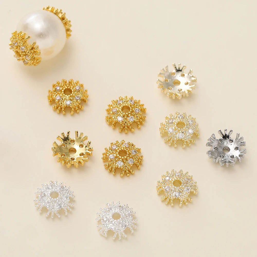 5Pcs/Pack 7.5*8mm 14/18K Gold Color Plated Zircon Snowflake Flower Beads Caps for DIY Necklace Jewelry Making Accessories
5Pcs/Pack 7.5*8mm 14/18K Gold Color Plated Zircon Snowflake Flower Beads Caps for DIY Necklace Jewelry Making Accessories