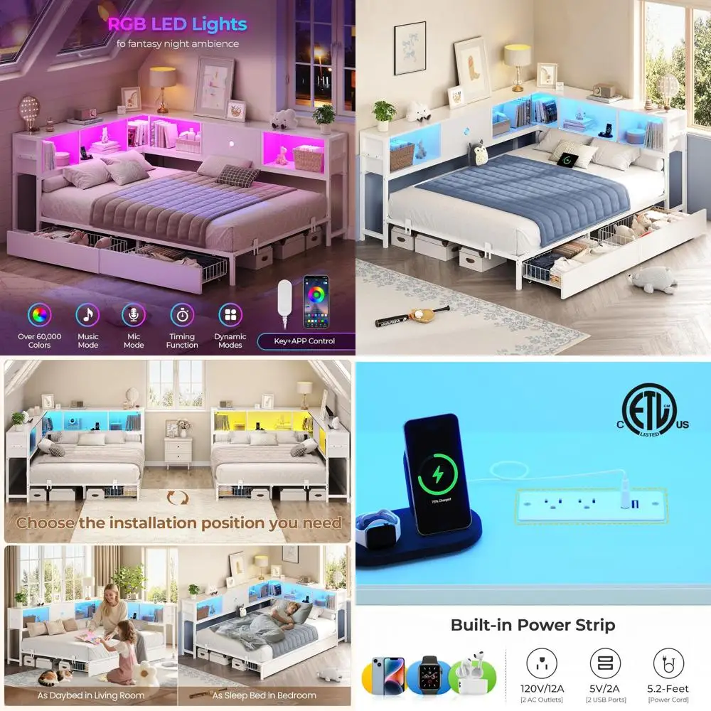 Полноразмерная металлическая кровать-платформа с ящиками для хранения, книжным шкафом, зарядной станцией, светодиодной подсветкой - белая, для детей и подростков
Полноразмерная металлическая кровать-платформа с ящиками для хранения, книжным шкафом, зарядной станцией, светодиодной подсветкой - белая, для детей и подростков