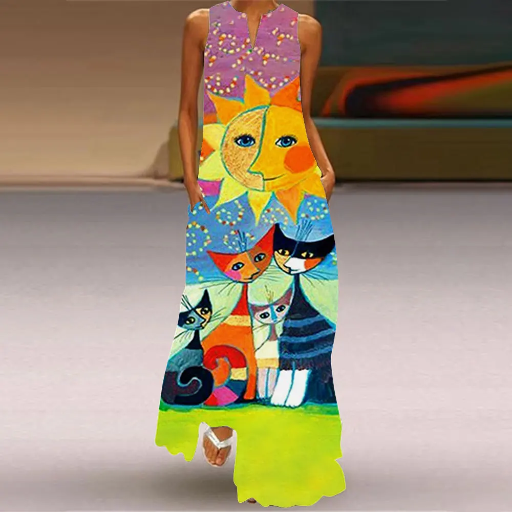 Summer Outdoor Street Fashion Women's Fun Cat Print Women's Dress Sexy V-Neck Sleeveless Holiday Party Dress Women's Travel Robe
Summer Outdoor Street Fashion Women's Fun Cat Print Women's Dress Sexy V-Neck Sleeveless Holiday Party Dress Women's Travel Robe