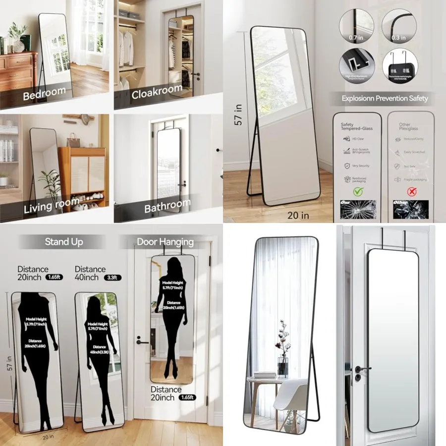 57x20 Door Hanging Full Length Mirror, Floor Stand (Height 5.7ft just Body in1.3ft) Wall Mounted Metal Frame Rectangle Dressing Mirrors for Bedroom Living Room 57 inch Black
57x20 Door Hanging Full Length Mirror, Floor Stand (Height 5.7ft just Body in1.3ft) Wall Mounted Metal Frame Rectangle Dressing Mirrors for Bedroom Living Room 57 inch Black