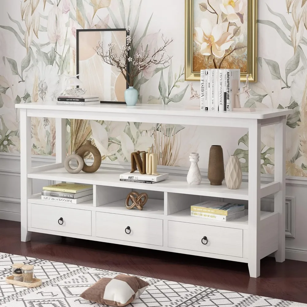 58" Console Table, Long Entryway Table with 3 Drawers & 2 Storage Shelves, Vintage Sofa Table Behind Couch, TV Stands for Livin
58" Console Table, Long Entryway Table with 3 Drawers & 2 Storage Shelves, Vintage Sofa Table Behind Couch, TV Stands for Livin