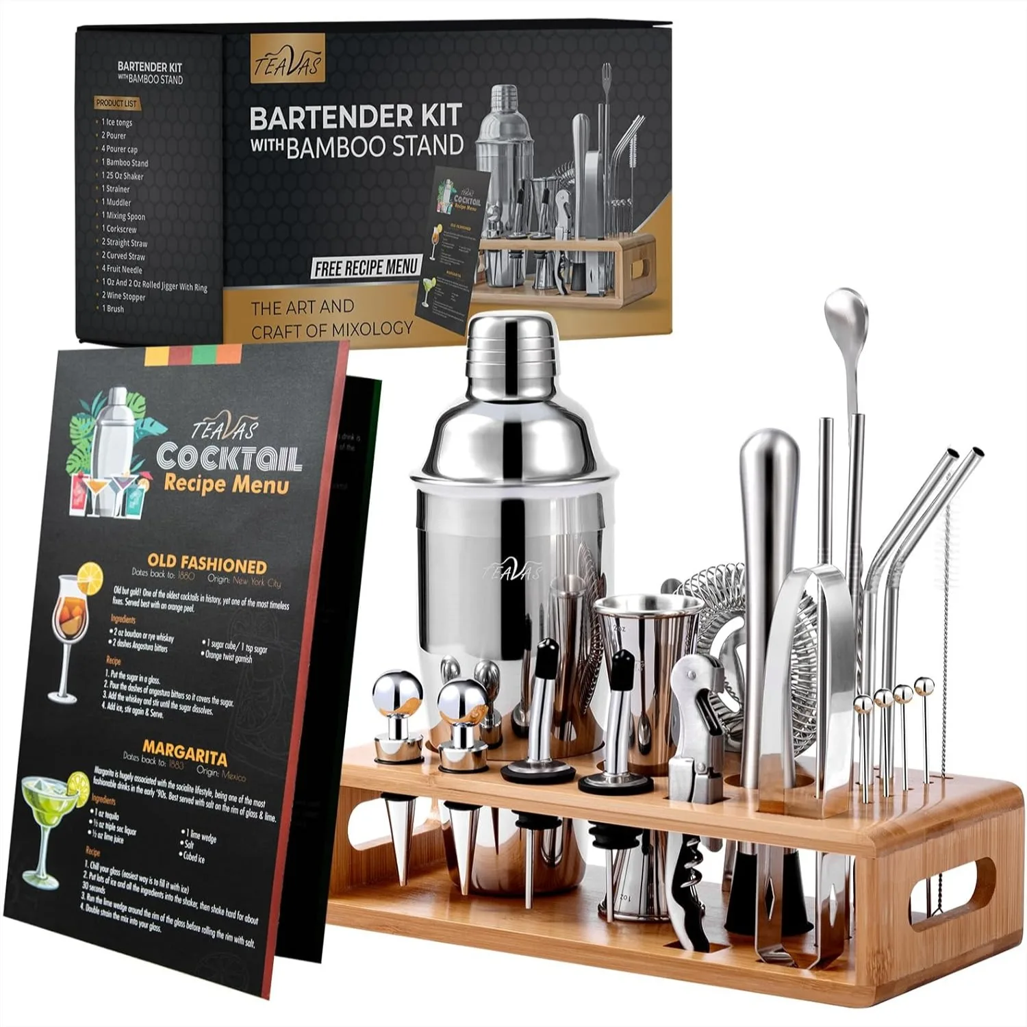 25 Piece Stainless Steel Bartender Kit With Japanese Jigger And Bamboo Stand - Cocktail Shaker Set For Mixology
25 Piece Stainless Steel Bartender Kit With Japanese Jigger And Bamboo Stand - Cocktail Shaker Set For Mixology