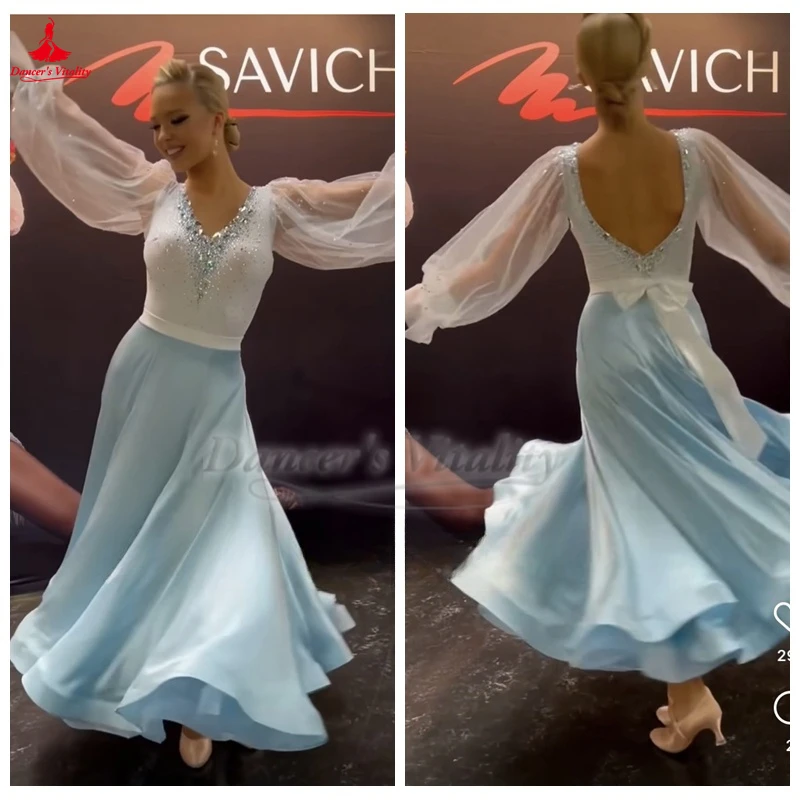 Ballroom Dance Puff Sleeve White Light Blue AB Stone Competition Dress Waltz Foxtrot Tango Adult Professional Costume Customize
Ballroom Dance Puff Sleeve White Light Blue AB Stone Competition Dress Waltz Foxtrot Tango Adult Professional Costume Customize