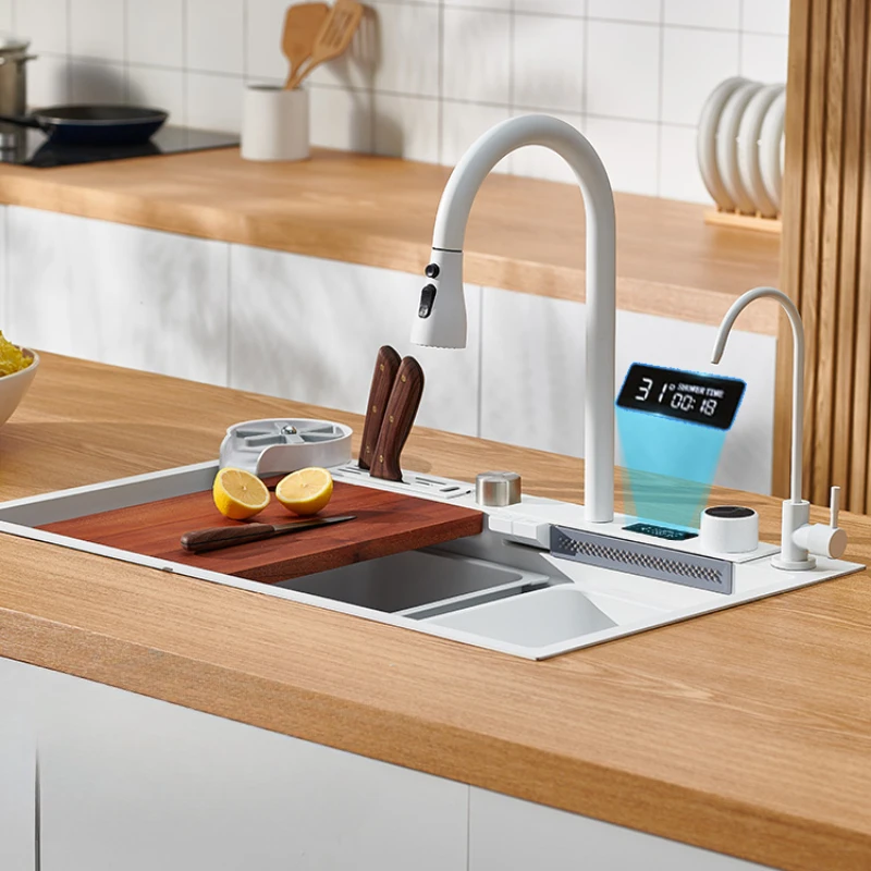 Kitchen household digital display white Feiyu waterfall sink with knife holder, large single sink, sink for washing dishes
Kitchen household digital display white Feiyu waterfall sink with knife holder, large single sink, sink for washing dishes