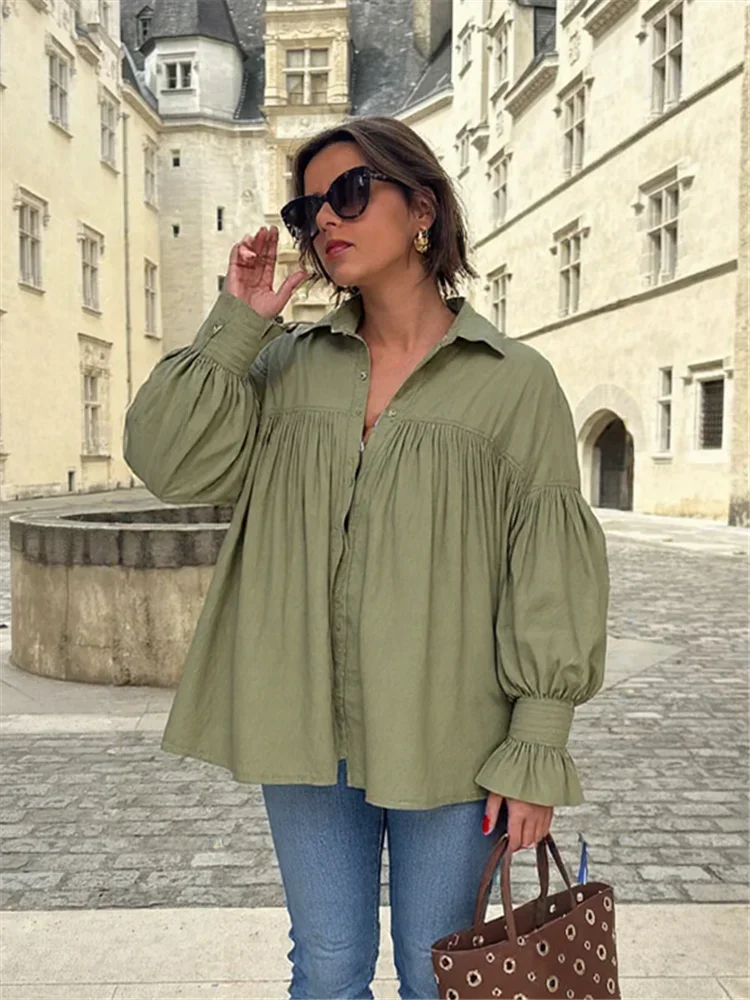 Splicing Flared Sleeves Loose Shirt Woman Solid Color Pleated Lapel Single Breasted Top Casual Commute Versatile Women's Shirts
Splicing Flared Sleeves Loose Shirt Woman Solid Color Pleated Lapel Single Breasted Top Casual Commute Versatile Women's Shirts