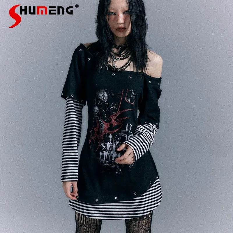 Japanese Original Punk Striped Long-sleeved Printed T Shirts Waist Dress Female Slim And Thin T-shirt Dresses Pullovers Ladies
Japanese Original Punk Striped Long-sleeved Printed T Shirts Waist Dress Female Slim And Thin T-shirt Dresses Pullovers Ladies