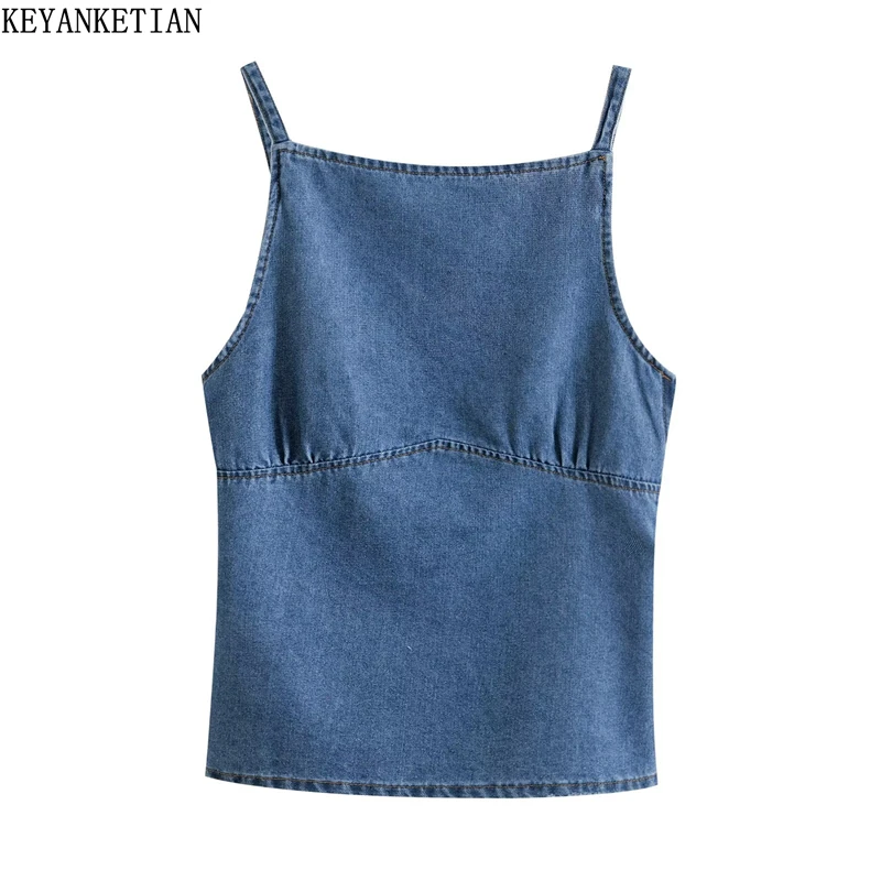KEYANKETIAN Summer New Women's Backless Denim Halter Top Street style Slim Patchwork Side Split Spaghetti Strap Camisole Vest
KEYANKETIAN Summer New Women's Backless Denim Halter Top Street style Slim Patchwork Side Split Spaghetti Strap Camisole Vest