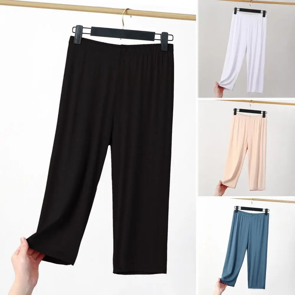 

Relaxed Fit Cropped Trousers Streetwear Wide Leg Cropped Pants for Women Mid-rise Elastic Waist Trousers Solid Color Summer Thin