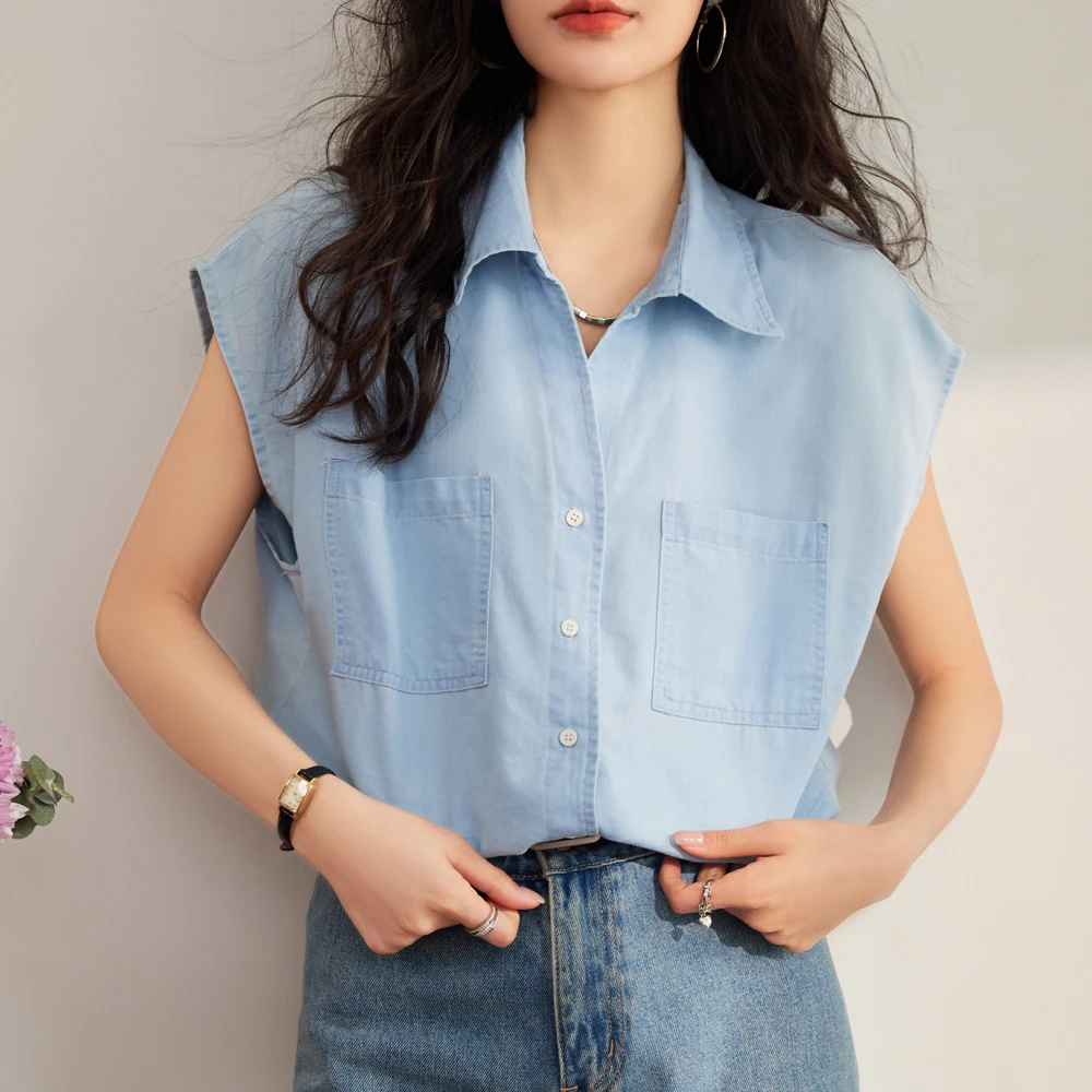 Summer Women Casual Sleeveless Loose Denim Shirt Elegant Solid Harajuku Lapel Blouse Vintage Oversize Tops Y2K Streetwear Tunic
Summer Women Casual Sleeveless Loose Denim Shirt Elegant Solid Harajuku Lapel Blouse Vintage Oversize Tops Y2K Streetwear Tunic
