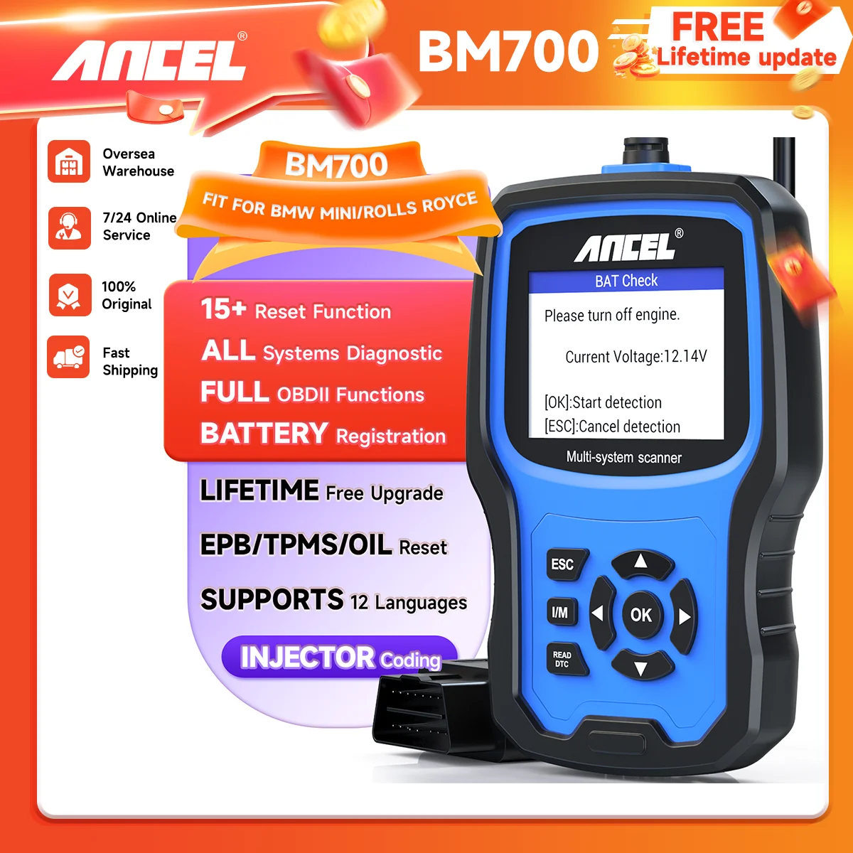 ANCEL BM700 OBD2 Car Code Reader Full System Auto Scanner Oil Battery TPMS Reset Diagnostic Tool for BMW MINI Rolls-Royce
ANCEL BM700 OBD2 Car Code Reader Full System Auto Scanner Oil Battery TPMS Reset Diagnostic Tool for BMW MINI Rolls-Royce