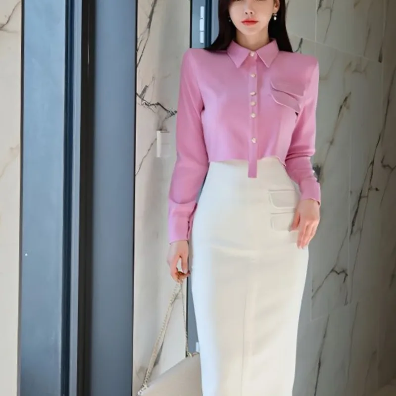 Women's Spring Autumn New Solid Color Polo Neck Button Pocket Long Sleeve Slim Fit Shirt High Waist Wrap Hip Half Skirt Set
Women's Spring Autumn New Solid Color Polo Neck Button Pocket Long Sleeve Slim Fit Shirt High Waist Wrap Hip Half Skirt Set