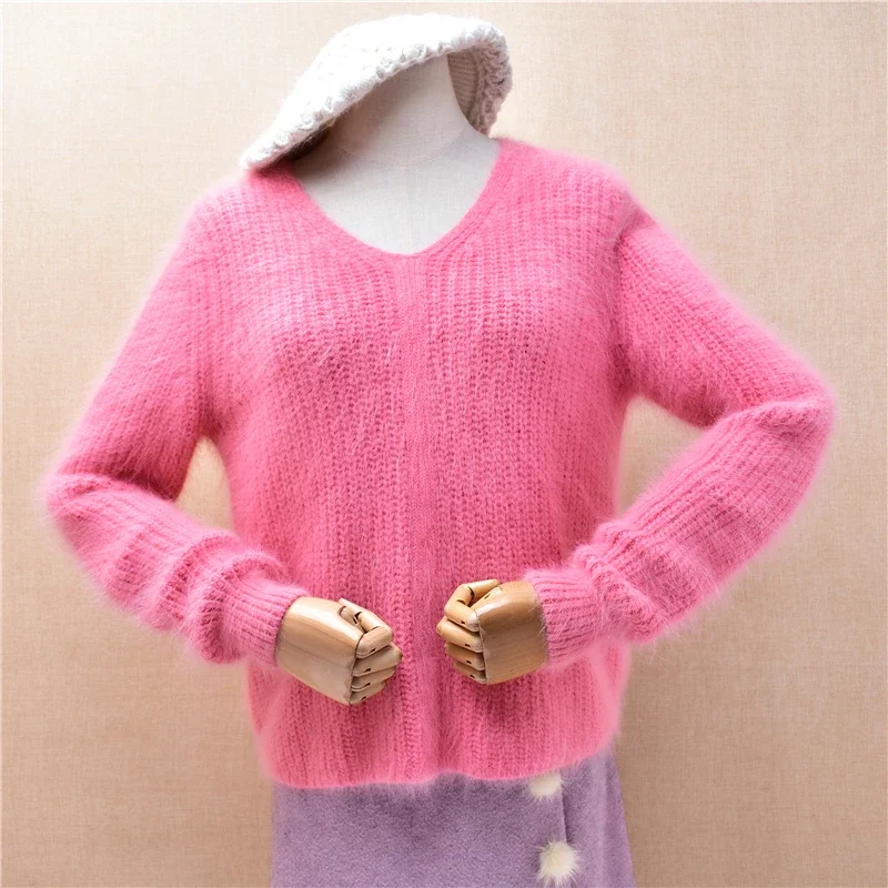 Ladies Women Autumn Winter Clothing Pink Striped Hairy Angora Rabbit Hair Knitted V-Neck Long Sleeves Loose Pullover Sweater Top
Ladies Women Autumn Winter Clothing Pink Striped Hairy Angora Rabbit Hair Knitted V-Neck Long Sleeves Loose Pullover Sweater Top
