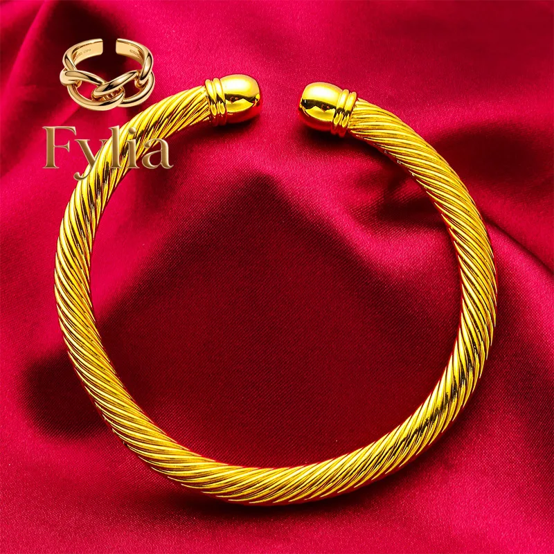 Fylia Jewelry 24K Gold 6mm Twisted Open Bangle | AU999 Pure Gold, 3D twisted pattern, adjustable opening, elegant and lively f
Fylia Jewelry 24K Gold 6mm Twisted Open Bangle | AU999 Pure Gold, 3D twisted pattern, adjustable opening, elegant and lively f
