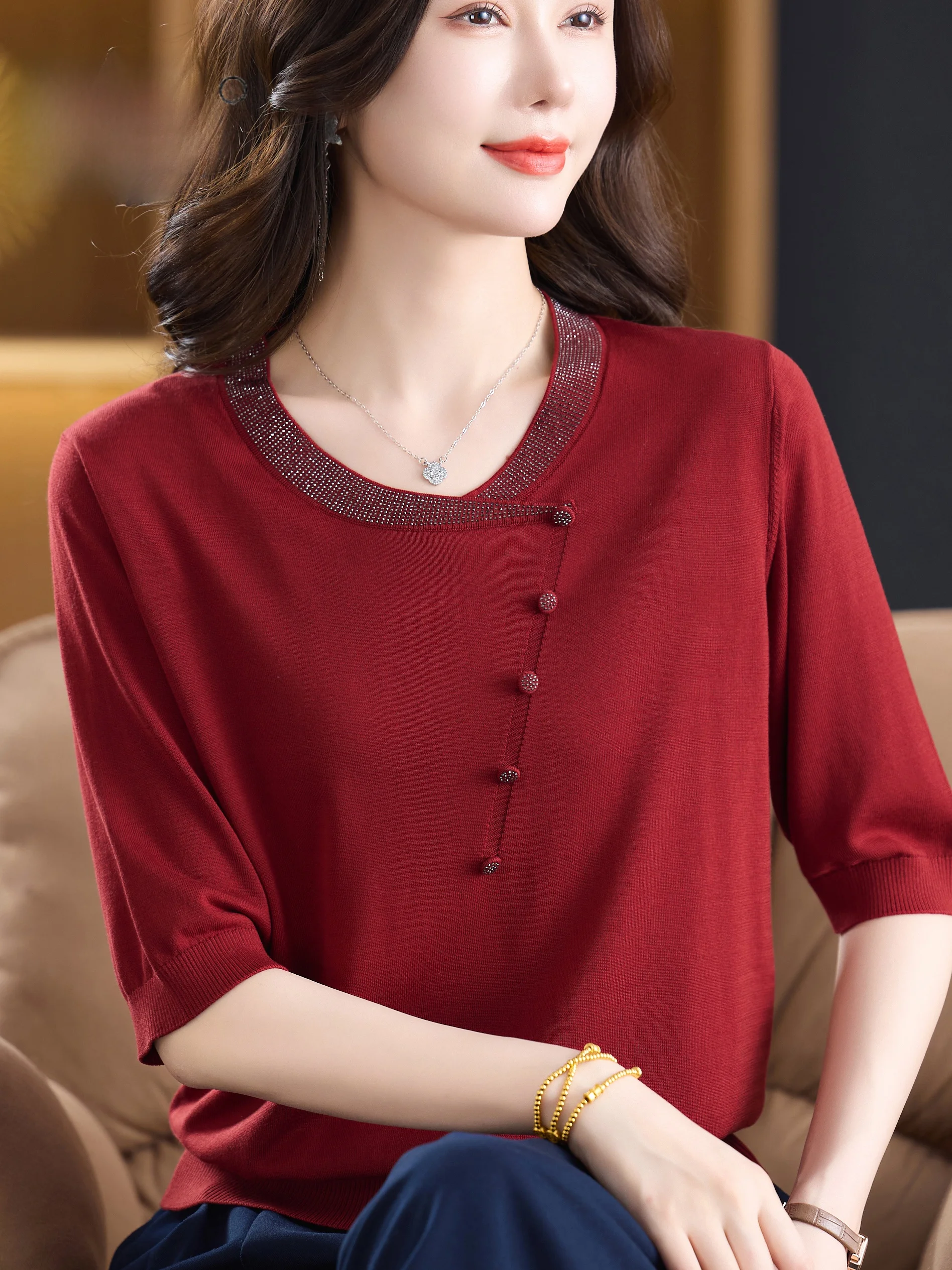 Spring Summer New Style Chinese round Neck Knitted Sweater Women's Mid-aged Fashionable Top T-shirt 100% Lyocell
Spring Summer New Style Chinese round Neck Knitted Sweater Women's Mid-aged Fashionable Top T-shirt 100% Lyocell