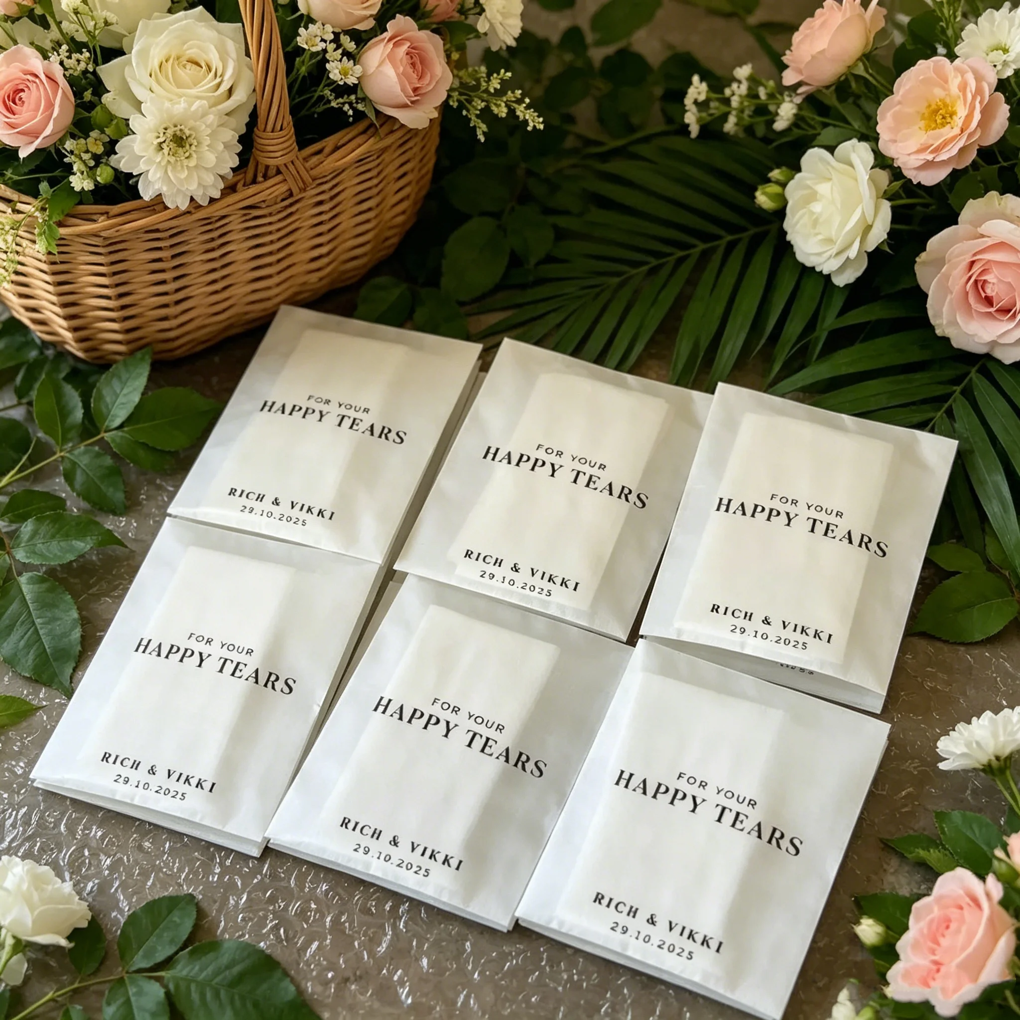 Custom "For Your Happy Tears" Wedding Tissue Favors, Bulk Personalized Couple Name & Date Printed Pocket Tissues, Elegant Minima
Custom "For Your Happy Tears" Wedding Tissue Favors, Bulk Personalized Couple Name & Date Printed Pocket Tissues, Elegant Minima