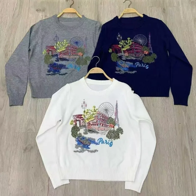 Новый вязаный свитер с вышивкой колеса обозрения, женский тонкий повседневный пуловер с круглым вырезом и длинными рукавами, трикотаж, верхняя женская одежда
Новый вязаный свитер с вышивкой колеса обозрения, женский тонкий повседневный пуловер с круглым вырезом и длинными рукавами, трикотаж, верхняя женская одежда