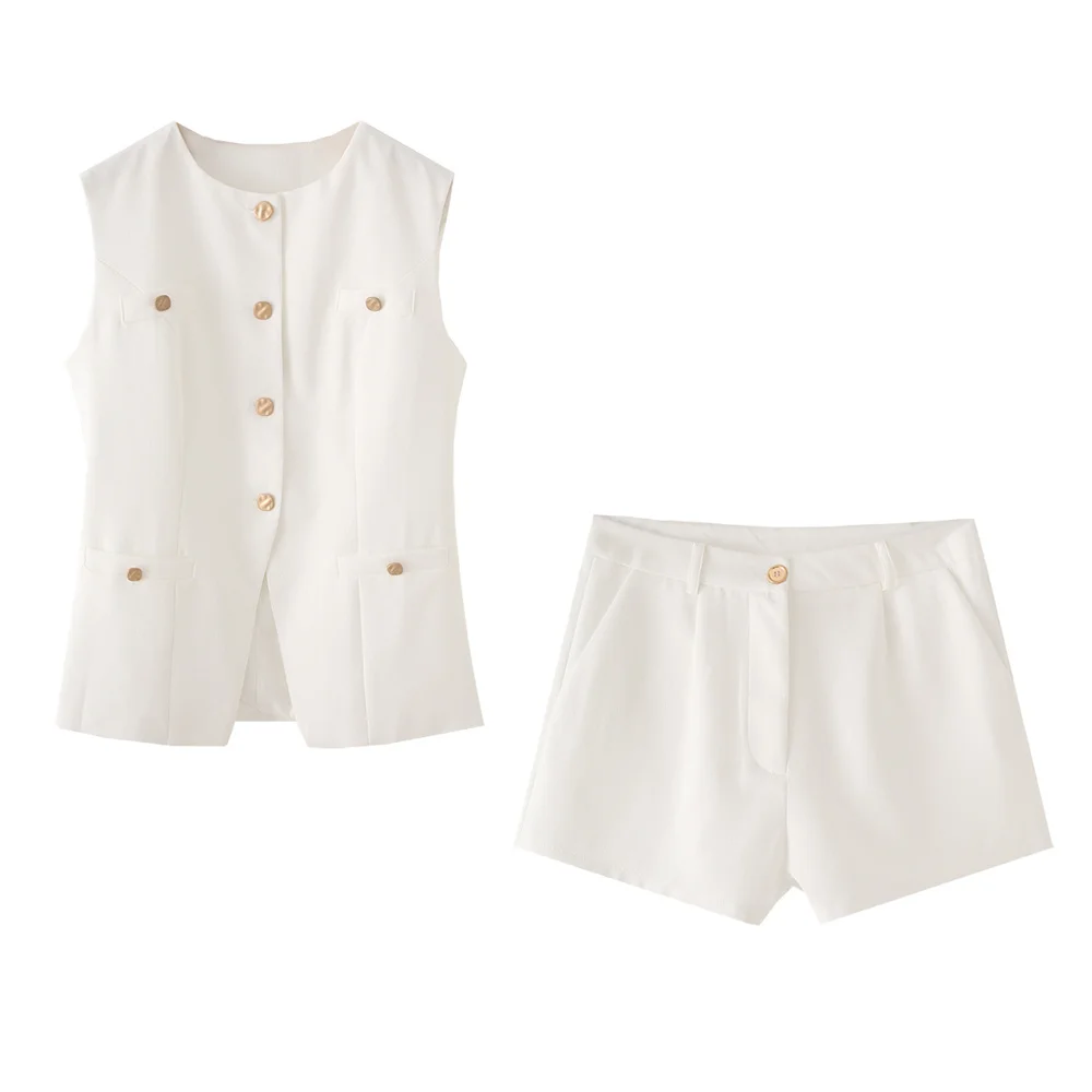 Taop&Za summer new women's fashion round neck sleeveless single breasted vest top casual high waisted suit shorts
Taop&Za summer new women's fashion round neck sleeveless single breasted vest top casual high waisted suit shorts