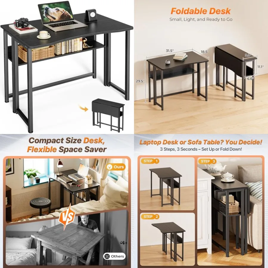 Folding Desk with Storage Shelf, 31.5 Inch Foldable Computer Table for Small Spaces, Space Saving Sofa Table for Couch, Writing
Folding Desk with Storage Shelf, 31.5 Inch Foldable Computer Table for Small Spaces, Space Saving Sofa Table for Couch, Writing
