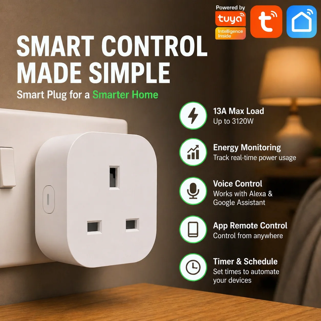 UK Smart Plug Work With Alexa & Google Home, Tuya Smart Plug with Energy Monitoring, Mini Smart Socket UK WiFi Plug
UK Smart Plug Work With Alexa & Google Home, Tuya Smart Plug with Energy Monitoring, Mini Smart Socket UK WiFi Plug