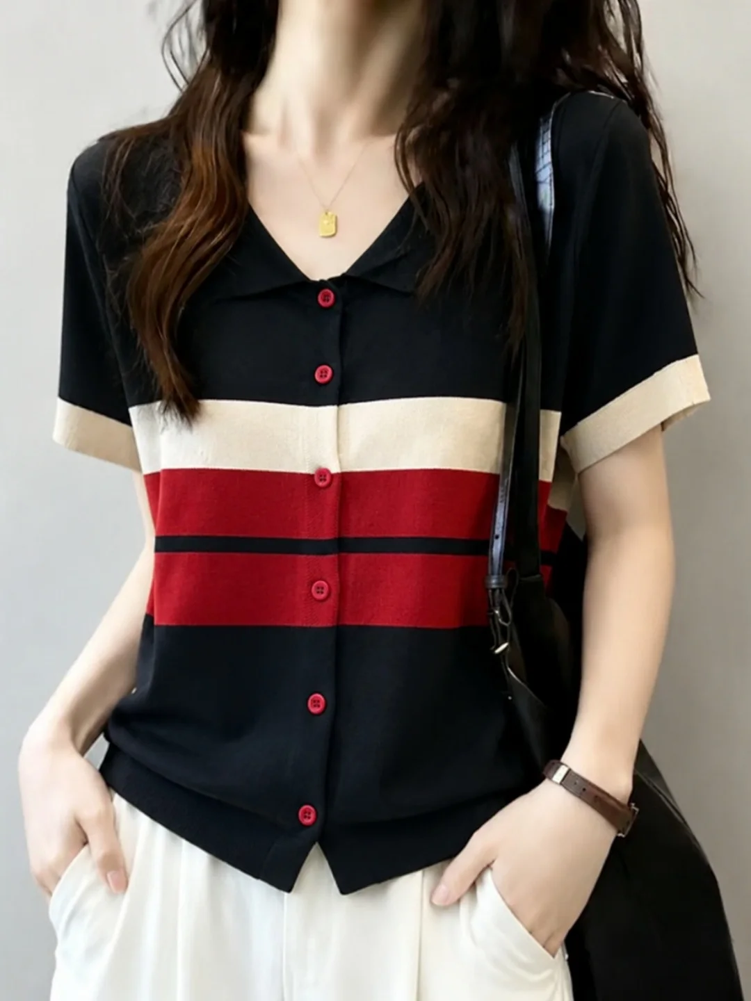 Korean Style Striped Short Sleeve Knitted Open Cardigan Women's Fashionable Single Button Summer Top Color Block Design
Korean Style Striped Short Sleeve Knitted Open Cardigan Women's Fashionable Single Button Summer Top Color Block Design